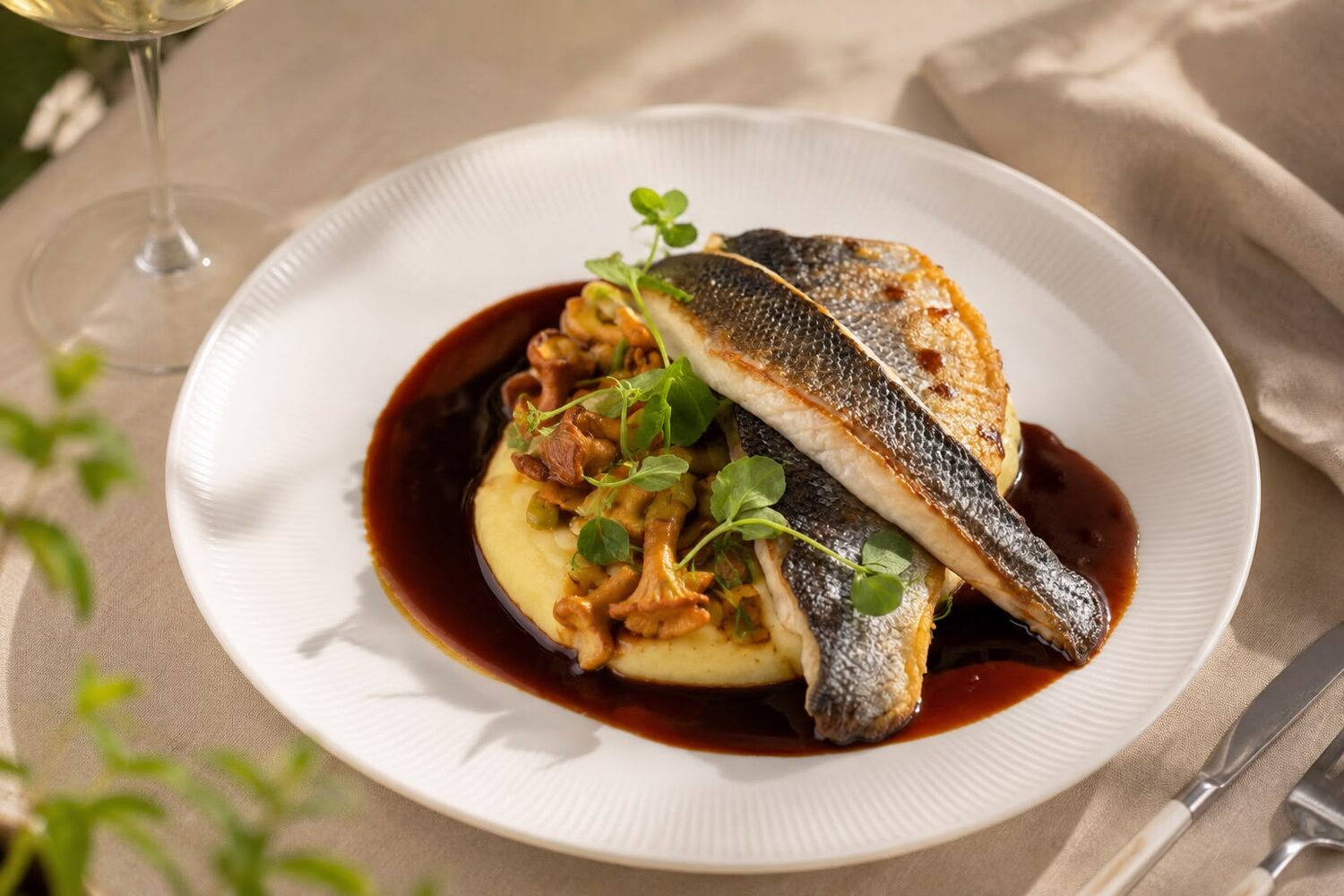 Wolfsbarsch auf Püree, angerichtet im Restaurant